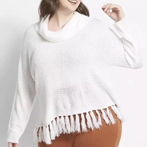 NWT Lane Bryant Plus Size 22/24 White Cowl Neck Knit Sweater Tassel Boho Cozy - Picture 1 of 10